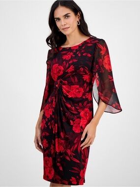 connected apparel Black & Red Floral Twist-Front Sheath Dress